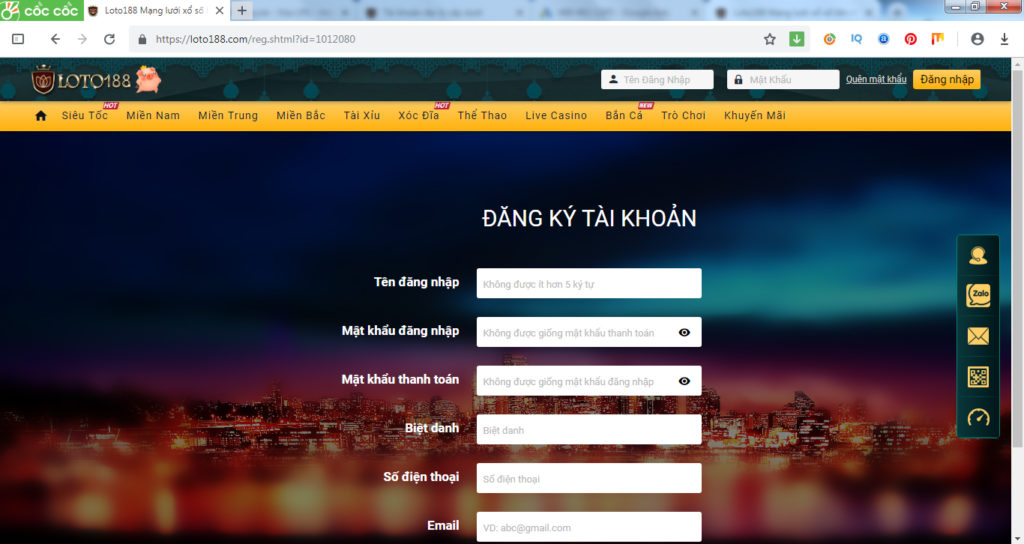 Giao diện đăng ký Loto188 trên máy tính